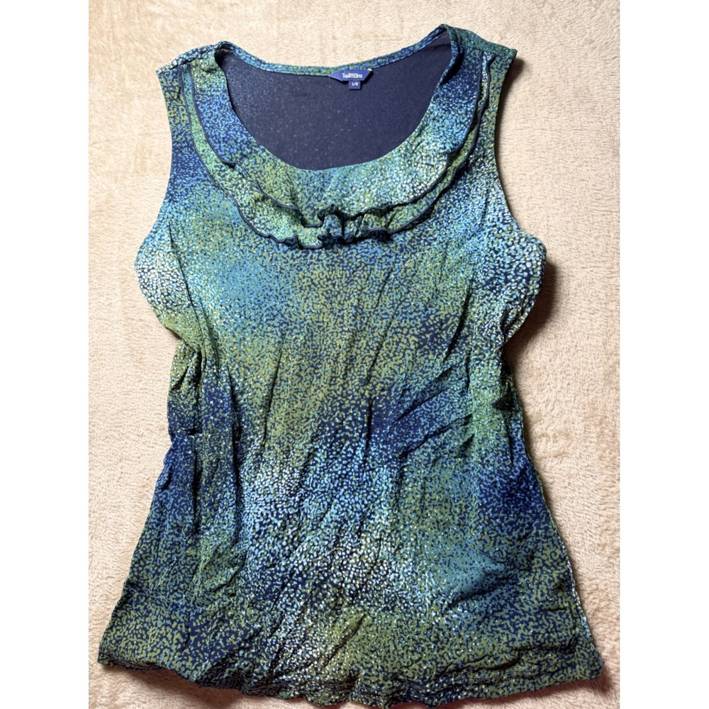Reitmans Blue Green Abstract Print Ruffle‎ Neck Top Large 90s Style Mob Wife